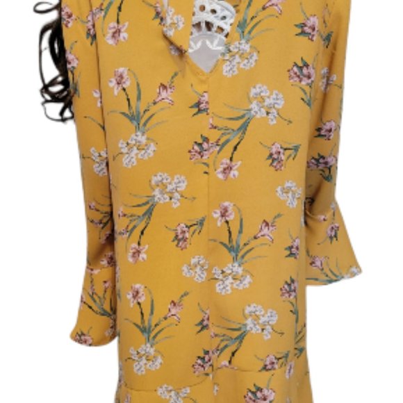 EXHILARATION Boho Mustard Floral Print Boho Dress Size Large - Picture 4 of 9